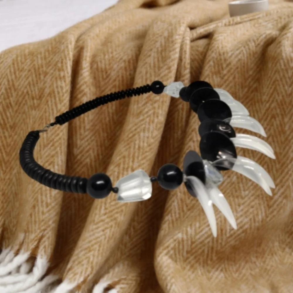 Black Beaded Necklace with Clear Rhinestones and Transparent Claws